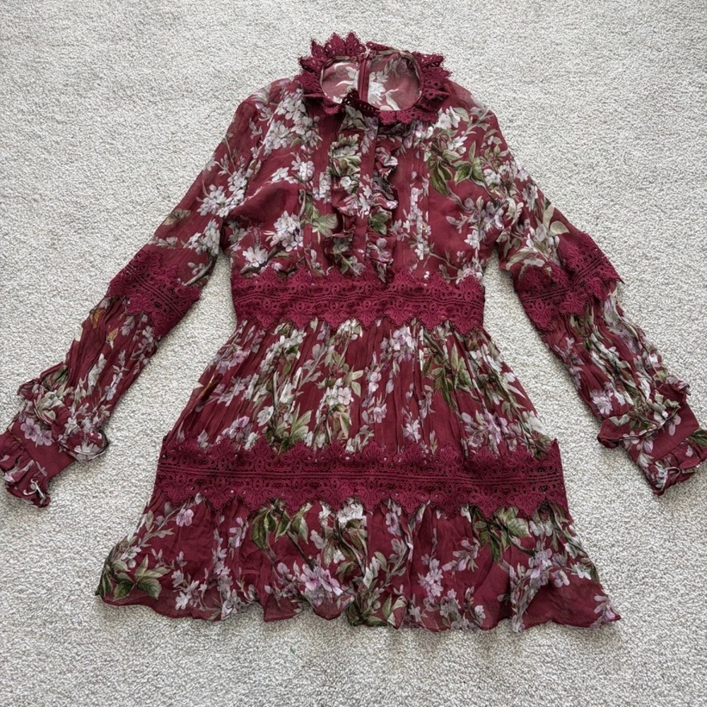 Patbo Delicata Flutter Mini Dress Womens 10 Burgundy Red Floral Lace Romantic